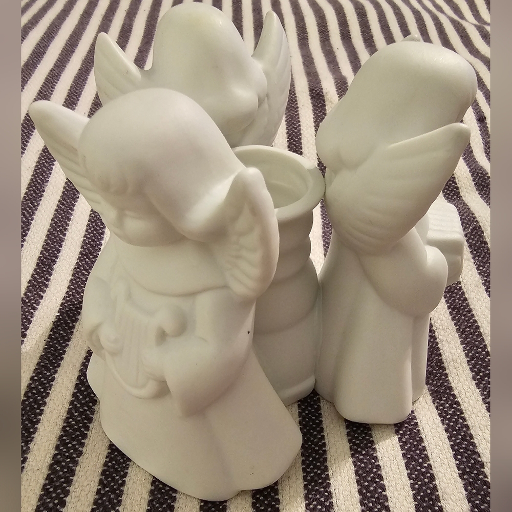 VINTAGE (1985) Fine Porcelain Bisque Angel Trio Candle Holder